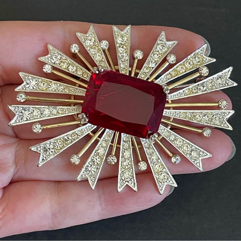 Vintage Kenneth Jay Lane Ruby Red Rhinestone Starburst Brooch.
